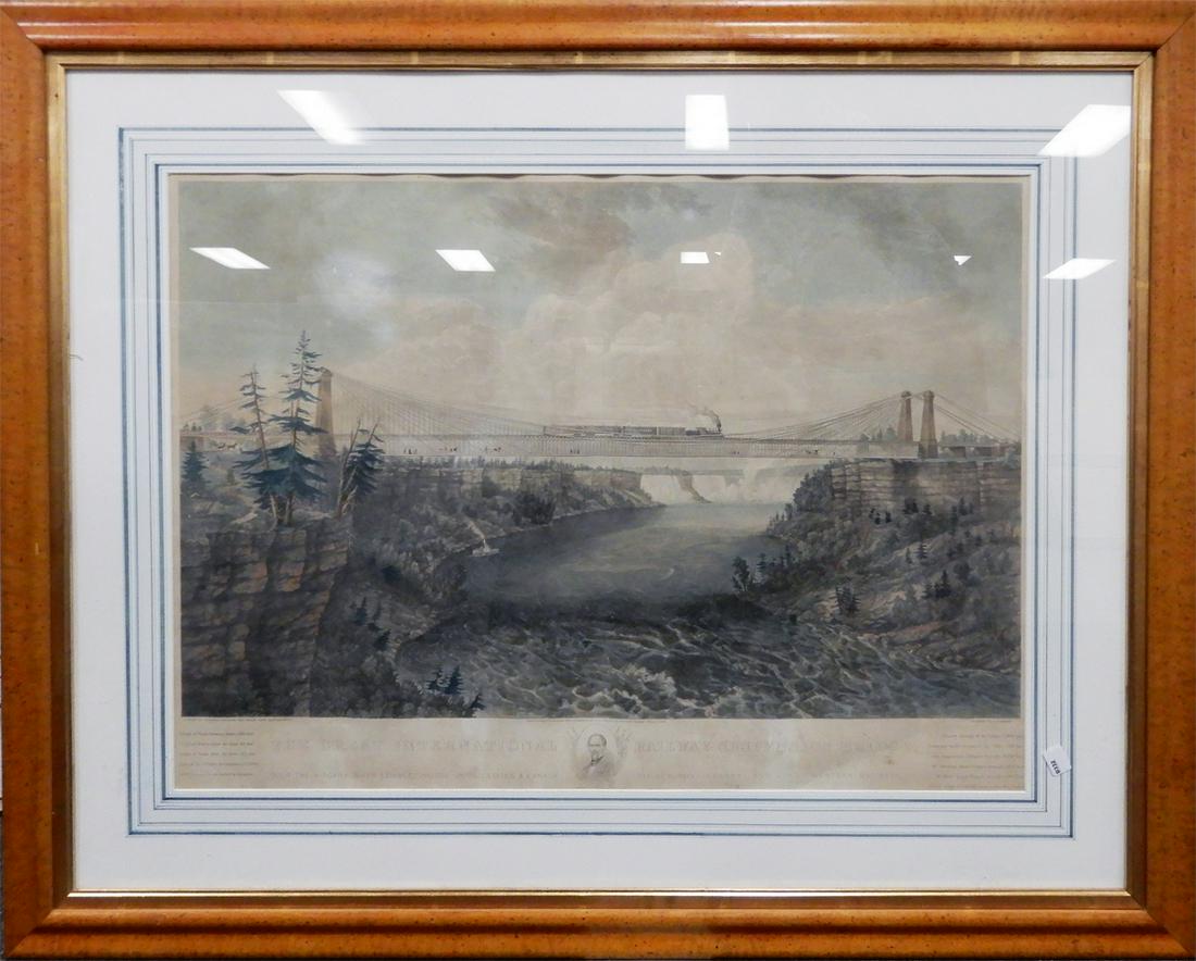 Ferdinand Richardt and D.L. Glover line engraving on: Ferdinand Richardt and D.L. Glover line engraving on paper "The Great International Railway Suspension Bridge" showing a train over the Niagara River, with Niagara Falls visible in the distance. One o