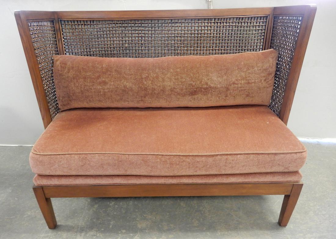Vanguard Furniture oak and rattan settee: Vanguard Furniture oak and rattan settee with cushion seat with bolster pillow, fabric by Nantilly Spice, 44" high x 57 1/2" x 27"