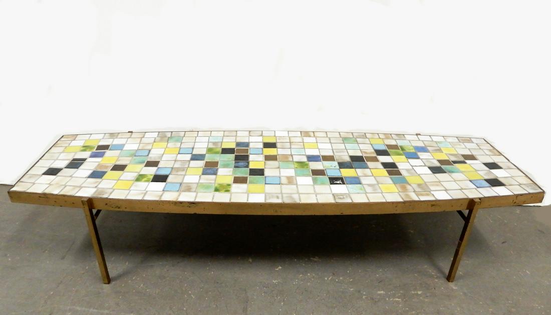 Mid C. Modern brass tile top table: Mid C. Modern brass tile top table, multi-color tiles, 14 1/2" x 73" x 24"