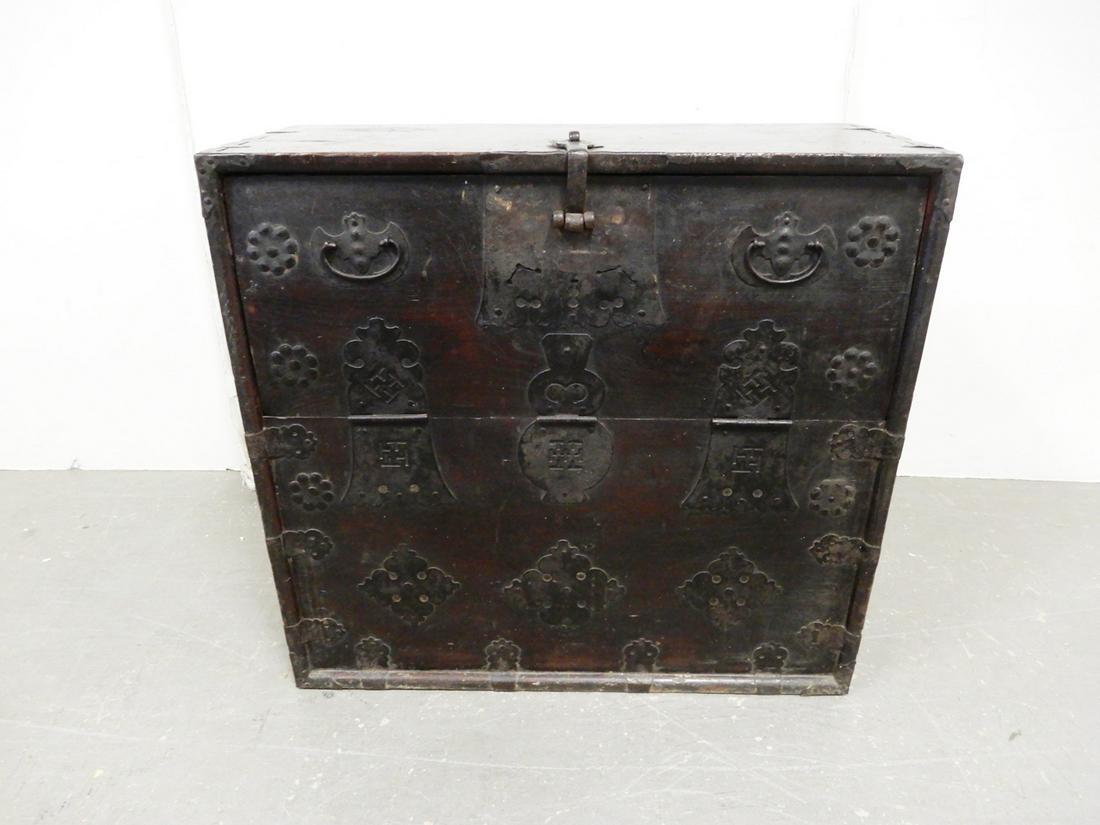 Korean tansu chest: Korean tansu chest, tin floral medallions and iron hardware, hinged drop front, wallpaper lined interior with three interior short drawers, dovetailed, 30 1/2" x 33" x 14"