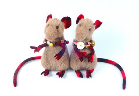 Two Charleen Kinser Designs The Button King Alpaca Rats: Two Charleen Kinser Designs The Button King Alpaca Rats, jointed heads, one with cloth tags, one with leather hang tag dated 1989, body measures 8", 17 1/2" to end of tails