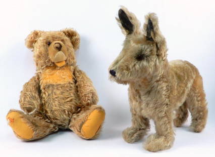 Steiff Zotty teddy bear and mohair dog: Steiff Zotty teddy bear and mohair dog, both antique, Steiff Zotty bear is jointed, 18", mohair dog 12"