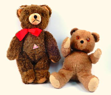 Two vintage bears: Two vintage bears, 16" W. German Clemens jointed growler teddy bear with chest tag (old price tag attached to ear), and an 11" mohair Mary Meyer sitting teddy bear with cloth tag