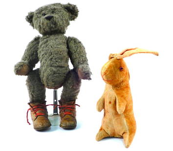 Teddy bear and Velveteen rabbit: Teddy bear and Velveteen rabbit, 15" dark brown jointed teddy bear wearing antique leather shoes, and 10" antique Velveteen Rabbit, marked on old attached tag on bottom Made in Japan