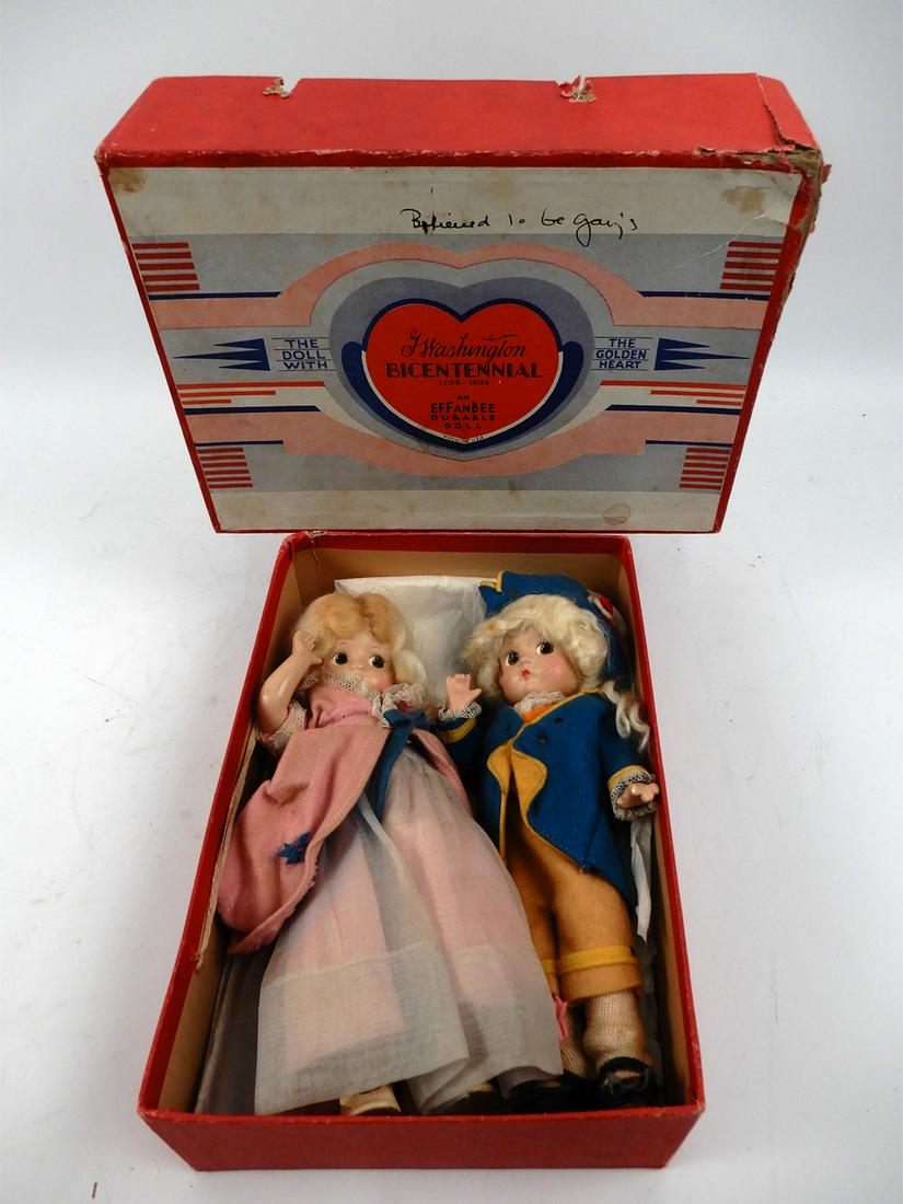 Effanbee composition Martha and George Washington in: Effanbee composition Martha and George Washington in original box, Bicentennial Set, all original, 1940's, box measures 3" x 10 3/4" x 7 1/2"