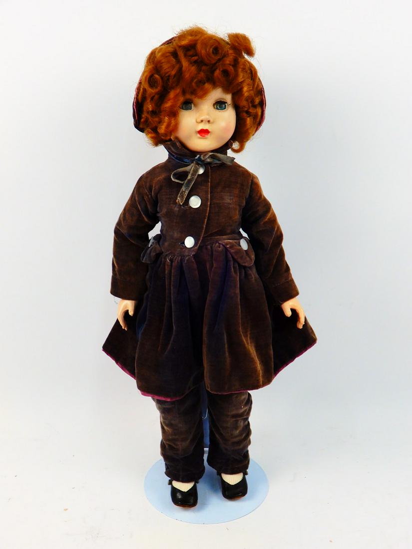 Effanbee hard plastic walker doll: Effanbee hard plastic walker doll, 18", sleep eyes, in velvet outfit with hat