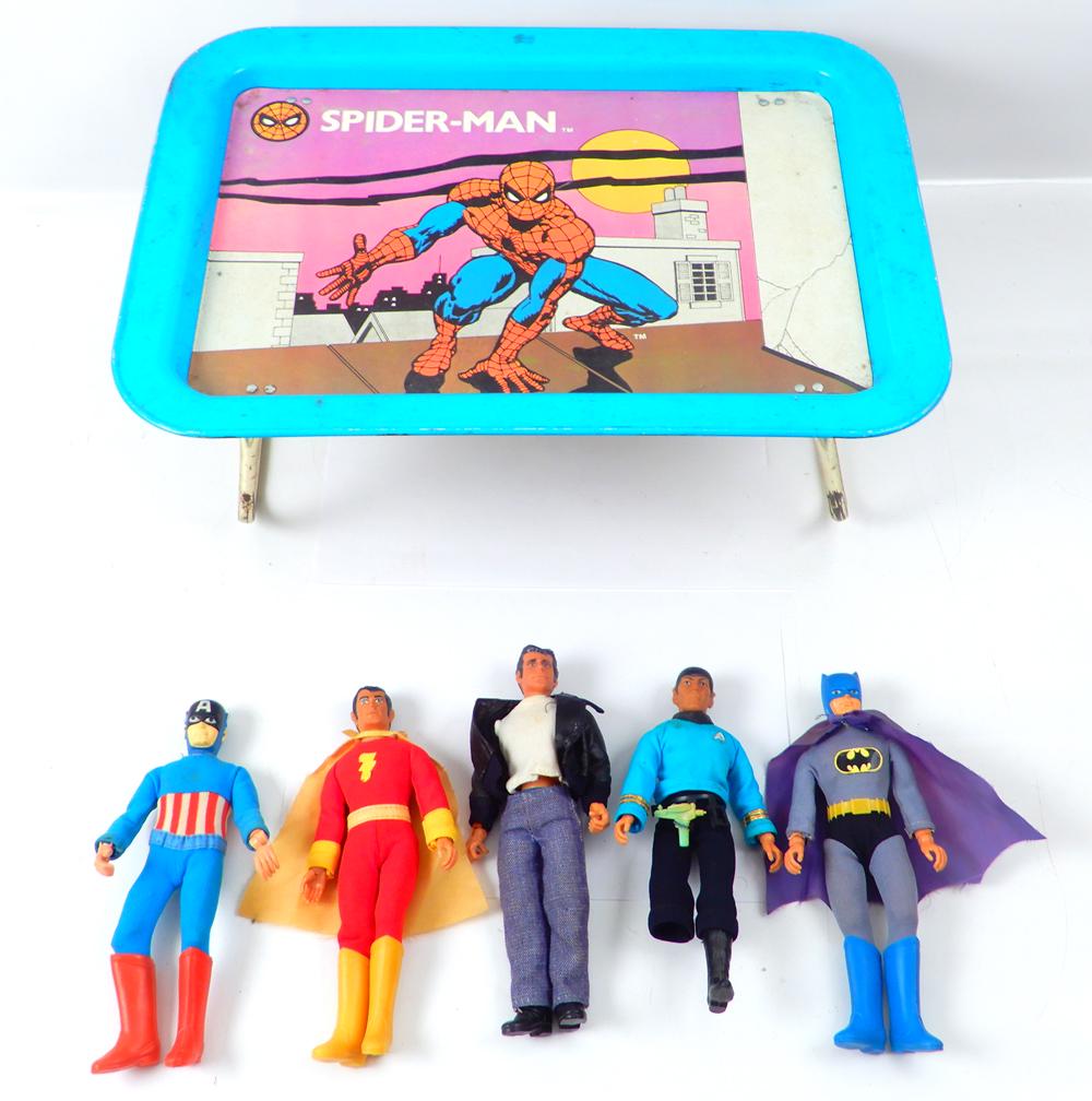Five 1970's Mego action figures and a Spiderman TV tray (1 of 3)