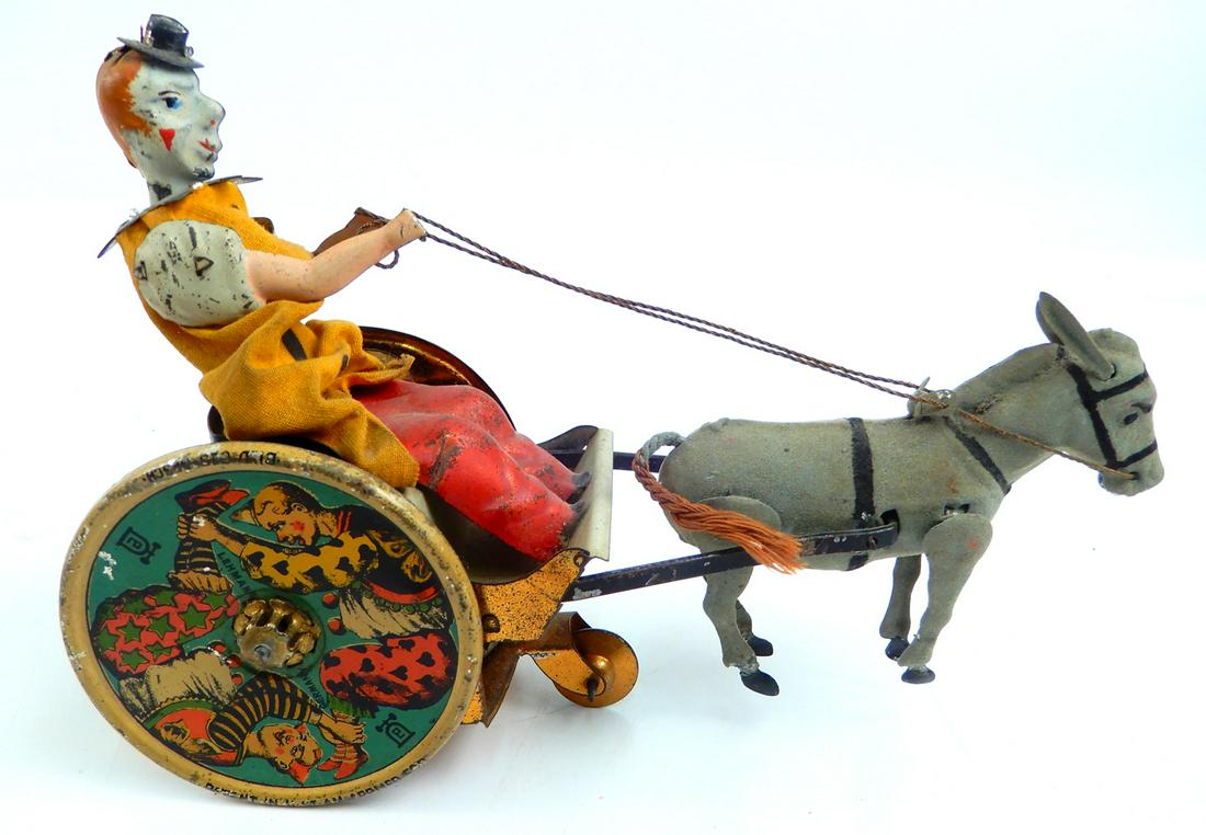 1920's Lehmann tin litho bucking mule and clown cart (1 of 5)