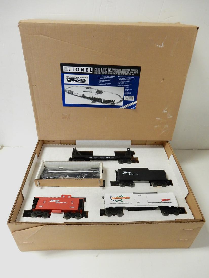 1990's Lionel O-27 Zenith/Nationwide Electronics NYC: 1990's Lionel O-27 Zenith/Nationwide Electronics NYC Express train set in original box. Set consists of a black die-cast engine with smoke #8632, a black plastic Zenith Express whistling tender, a whi