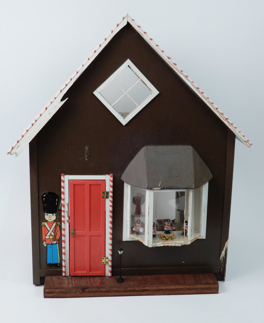 Wooden doll cottage store with contents: Wooden doll cottage store with contents, includes store counter, mirrored Coca-Cola plaque, toys, etc. 18" high x 16" x 11"
