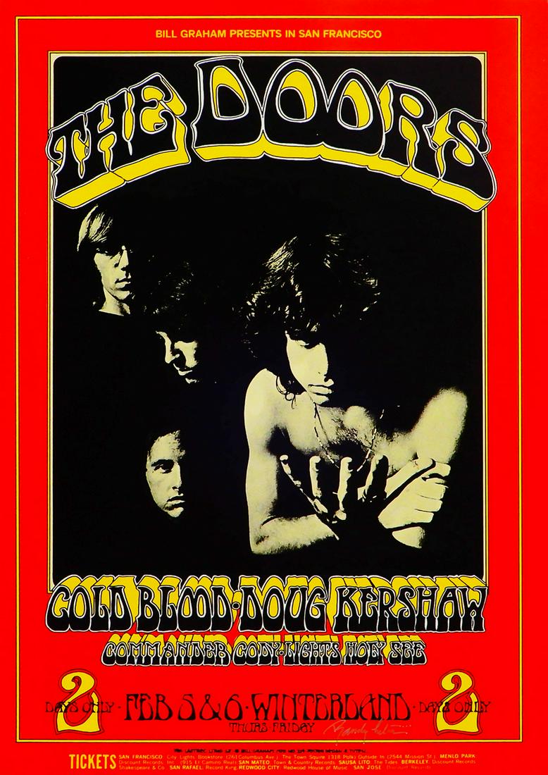 The Doors Winterland Ballroom concert poster: The Doors Winterland Ballroom concert poster, February 5-6, 1970,The Doors, Cold Blood, Doug Kershaw & Commander Cody, (Bill Graham) BG-219-OP, original printing, (first and only printing), Randy Tute