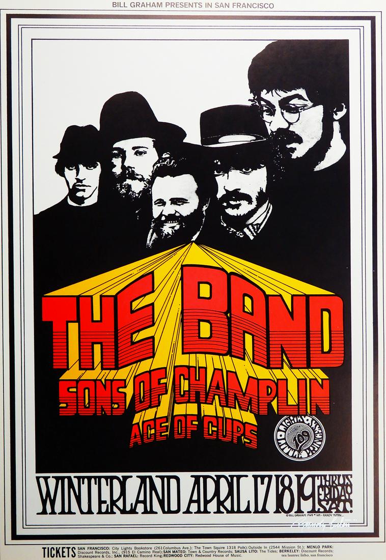 The Band Winterland Ballroom concert poster: The Band Winterland Ballroom concert poster, April 17-19, 1969, The Band, Sons of Champlin & Ace of Cups, (Bill Graham) BG-169-OP-1, original 1st printing, artist signed by Randy Tuten (in marker lowe
