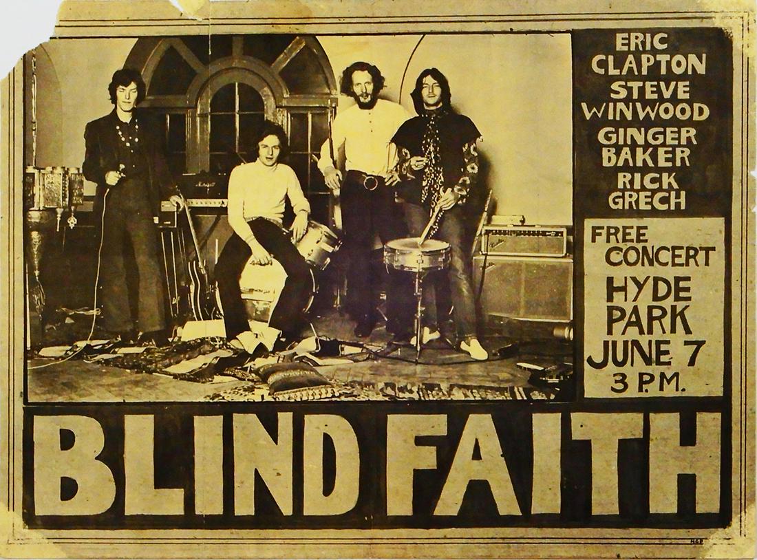 Blind Faith 1969 Hyde Park, London Debut concert: Blind Faith 1969 Hyde Park, London Debut concert handbill, original 8 1/2" x 11 1/2" paper flyer for the very first concert by the Eric Clapton/Steve Winwood supergroup Blind Faith, for a free concert