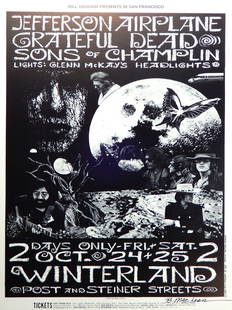 Jefferson Airplane Winterland Ballroom concert poster: Jefferson Airplane Winterland Ballroom concert poster, October 24-25, 1969, Jefferson Airplane, Grateful Dead and Sons of Champlin, BG-197, original printing, artist signed by Bonnie MacLean (B.