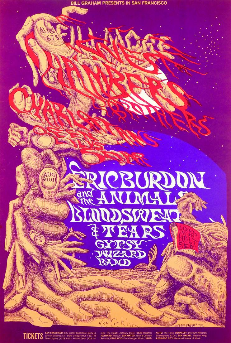 The Chambers Brothers Fillmore West concert poster: The Chambers Brothers Fillmore West concert poster, August 6-11, 1968, The Chambers Brothers, The Charlatans, Queen Lily's Soap, Eric Burdon and the Animals, Blood, Sweat & Tears and Gypsy Wizard Band