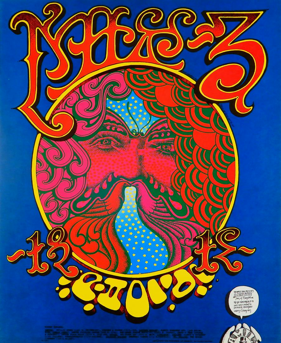 Chuck Berry "Chaotic License" 1601 West Evans Street: Chuck Berry "Chaotic License" 1601 West Evans Street Denver, CO. concert poster, November 17, 1967, Chuck Berry and Sons of Champlin, (Family Dog) FD-D-12, original printing, Rick Griffin & Victor Mos