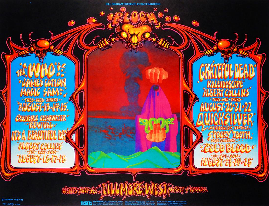 The Who Fillmore West concert poster: The Who Fillmore West concert poster, August 13-18 and 20-25, 1968, The Who, James Cotton, Magic Sam, Creedence Clearwater Revival, It's A Beautiful Day, Albert Collins, Grateful Dead, Kaleidoscope, Q