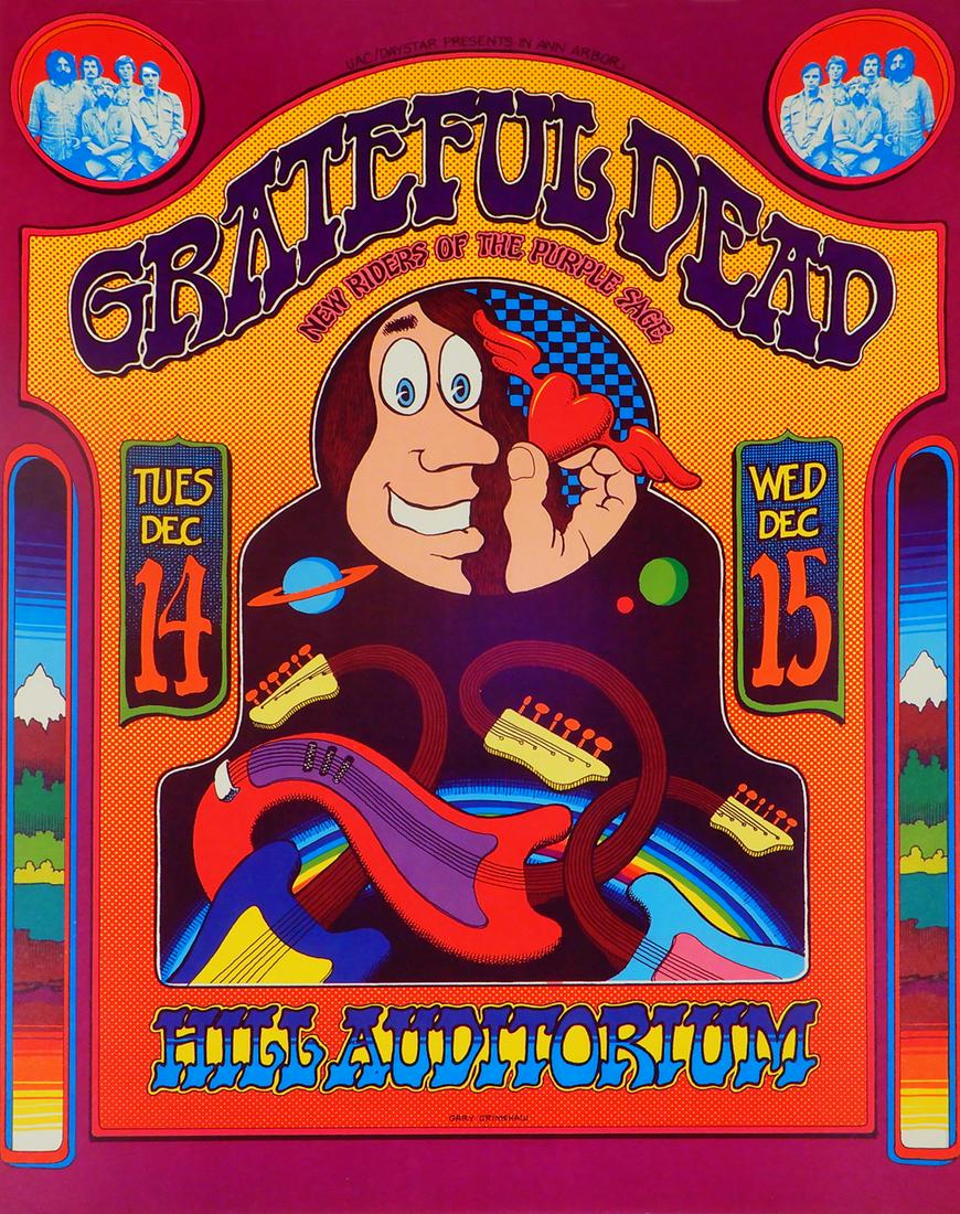 Grateful Dead Hill Auditorium University of Michigan: Grateful Dead Hill Auditorium University of Michigan Ann Arbor concert poster, December 14-15, 1971, Grateful Dead and New Riders of the Purple Sage (Art of Rock) AOR-4.187, original printing, Gary Gr