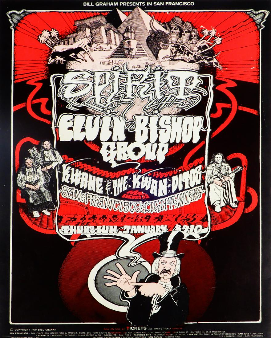Spirit Fillmore West concert poster: Spirit Fillmore West concert poster, January 7-10, 1971, Spirit, Elvin Bishop Group and Kwane and the Kwan Dittos, BG-265, original printing, Norman Orr artist, lithograph, 20 7/8" x 14"