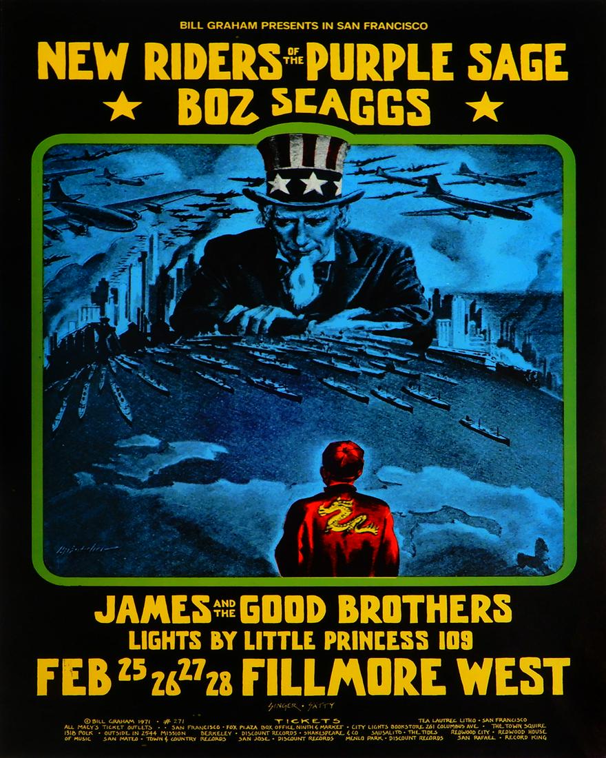 New Riders of The Purple Sage Fillmore West concert: New Riders of The Purple Sage Fillmore West concert poster, February 25-28, 1971, New Riders of The Purple Sage, Boz Scaggs and James and The Good Brothers, BG-271, original printing, David Singer & W