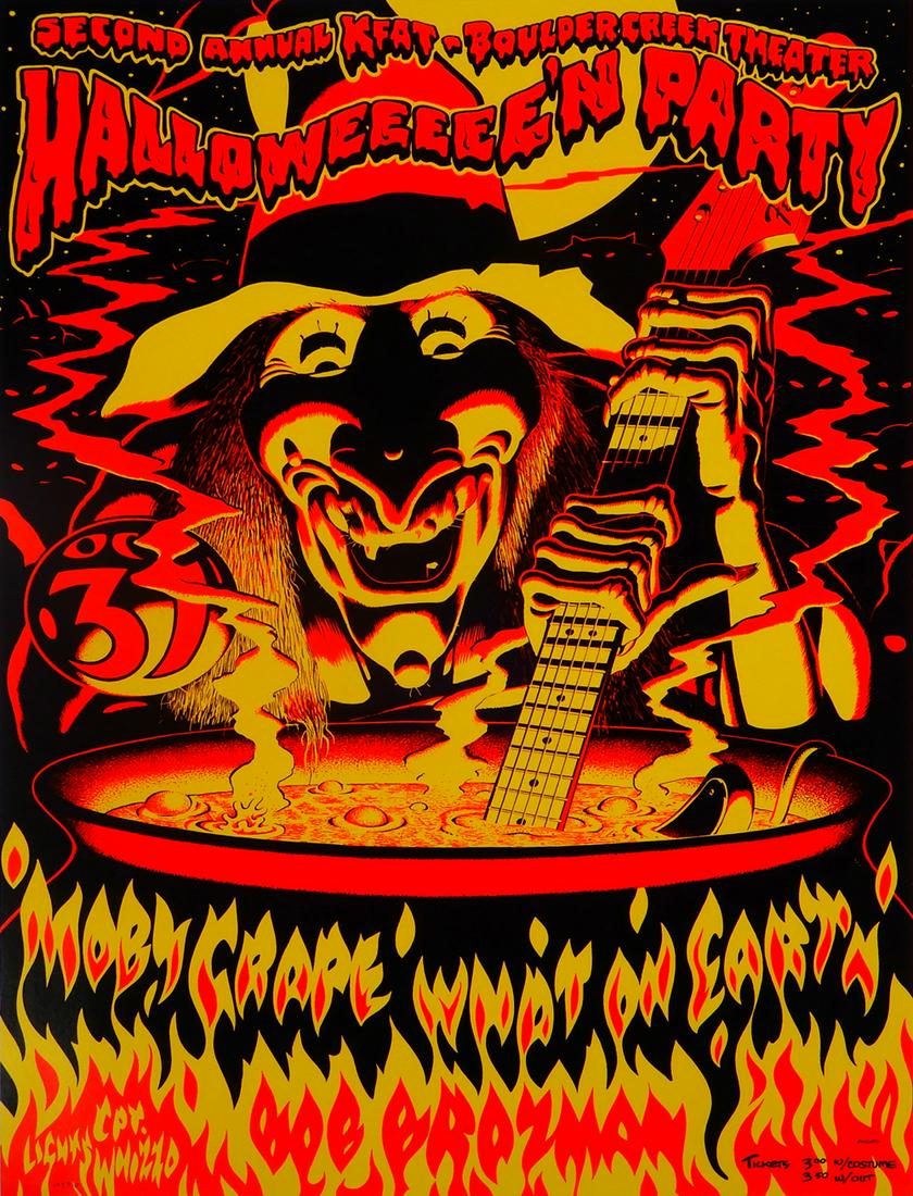 Second Annual KFAT Halloween Party Boulder Creek: Second Annual KFAT Halloween Party Boulder Creek Theater Boulder Creek CO concert poster, October 31, 1977, Moby Grape, What on Earth and Bob Brozman, (Art of Rock) AOR-4.103, original 2nd printing de