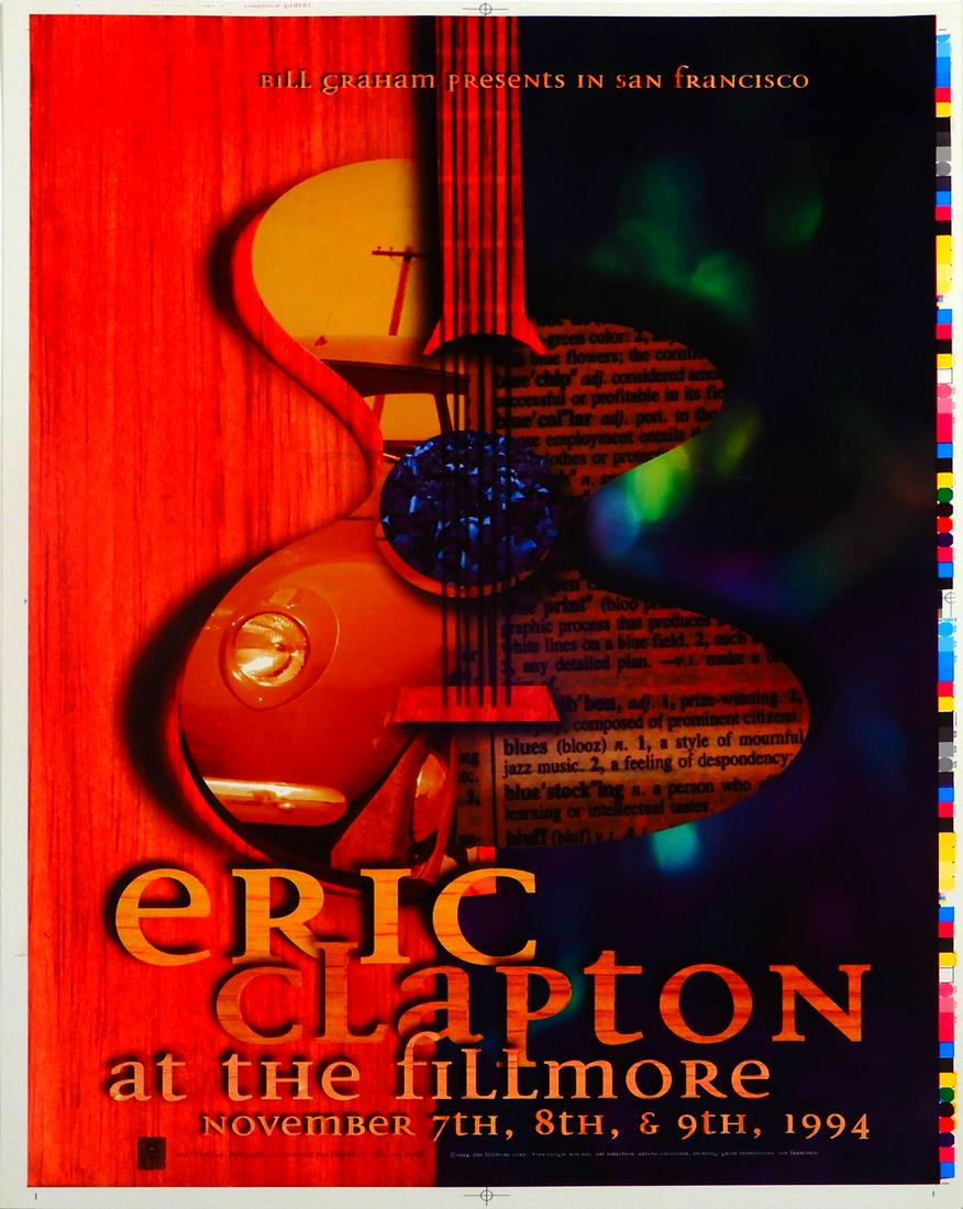 Eric Clapton Fillmore Auditorium concert poster: Bill Graham Presents in San Francisco Eric Clapton Fillmore Auditorium concert poster, November 7-9, 1994, (Fillmore) F-169, original uncut printer's proof with color code along right border, Rex Ray