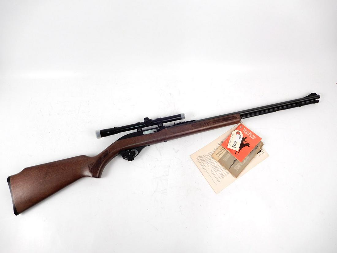 Marlin Glenfield 60 semi-automatic rifle: Marlin Glenfield 60 semi-automatic rifle, .22 LR only, 18 shot , tube feed, Serial number 25477216, barrel length 22", overall length 40 1/2", with open sights and Glenfield 4 x 15 scope Model 200C, C