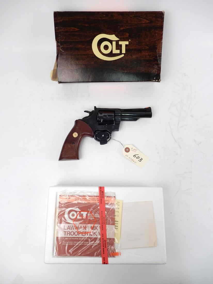 Colt Trooper MK V revolver: Colt Trooper MK V revolver, 357 mag. caliber, 6 shot, double action, Serial Number 03396V, barrel length 4", overall length 9 1/2", in original factory box, C & R NO, Instacheck YES