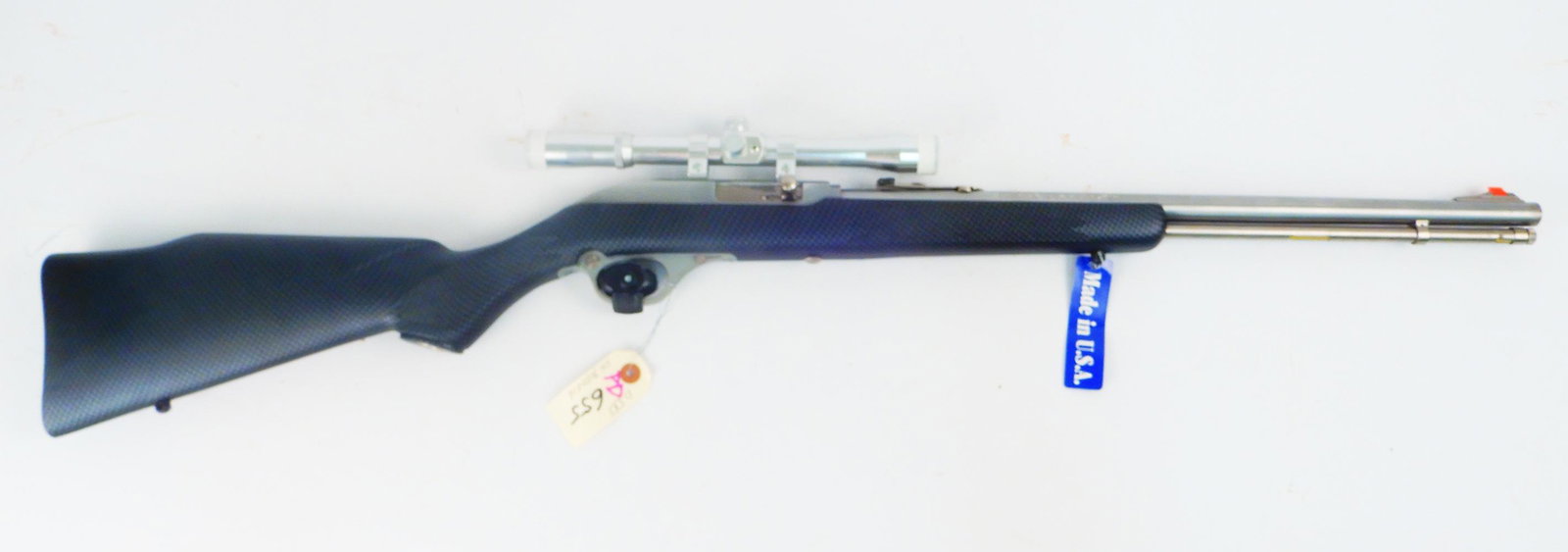 Marlin Ducks Unlimited semi-automatic rifle: Marlin semi-automatic rifle, stainless Model 60SS, .22 L.R. caliber only, 15 or 50 shot, tube feed, Serial Number 9150616, barrel length 19", overall length 38", with 4 x 20 scope and soft side carry 
