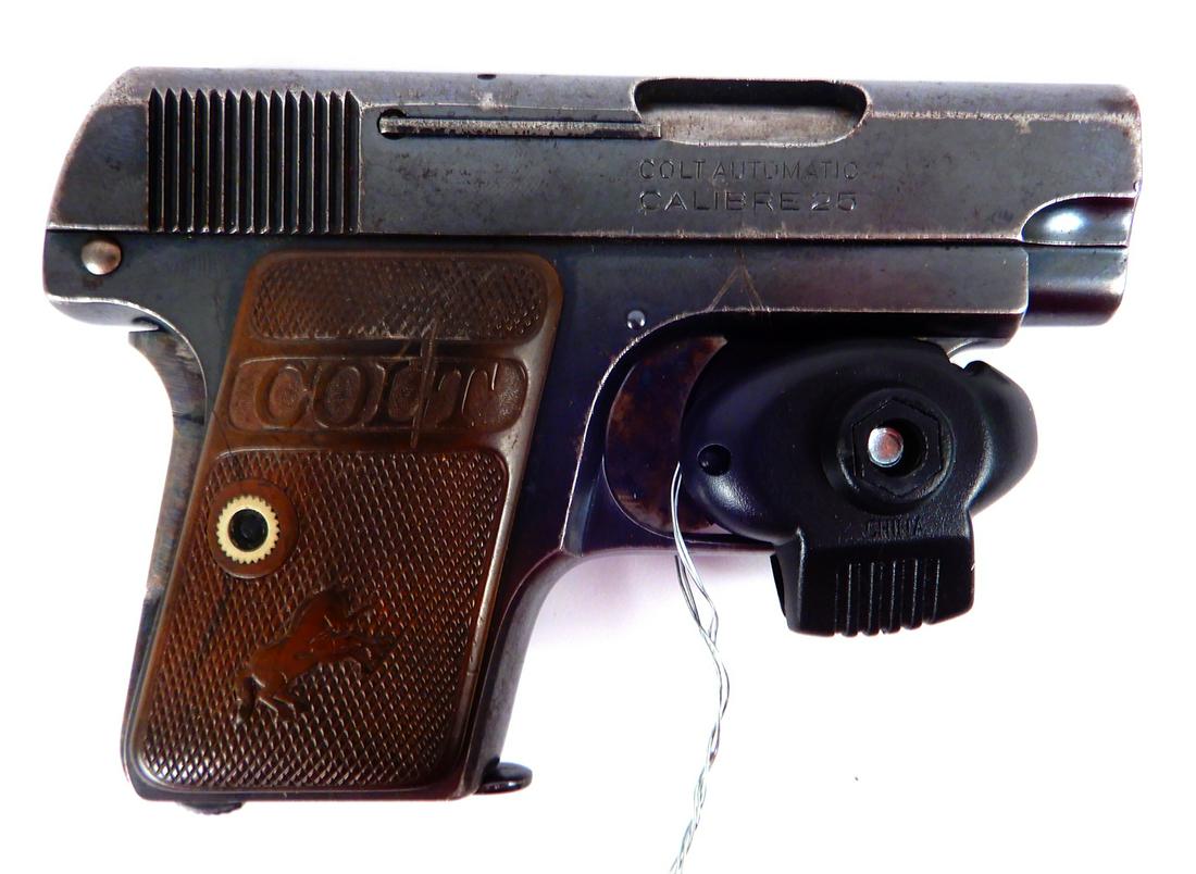 Colt semi-automatic .25 caliber pistol: Colt semi-automatic .25 caliber pistol, 5 shot, magazine feed, patent date July 31, 1917, Serial Number 322722, barrel length 2", overall length 4 1/2", C & R YES, Instacheck YES