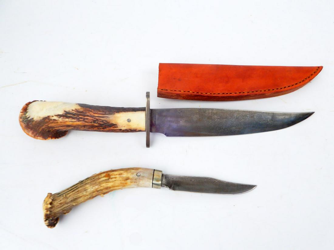 Two custom made J.T. knives: Two custom made J.T. stag handled knives, larger one with sheath, both stamped J.T. on blades, 8" and 13"