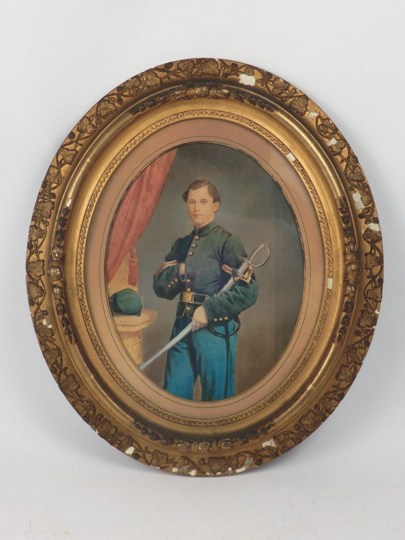 Civil War portrait of John Wesley Chambers: Civil War portrait of John Wesley Chambers, age 19, buried at Annapolis, died of Yellow Fever, in oval gilt gesso frame, provenance on verso, 19th C., sight size 13" x 10", frame size 22" x 18"