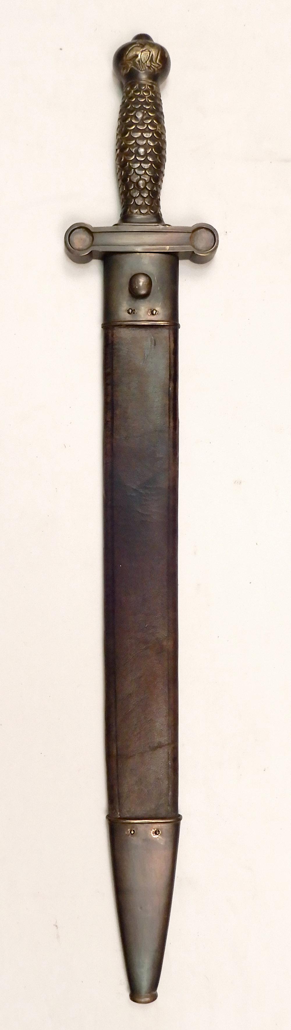 US M1832 Confederate short sword in scabbard: US M1832 Confederate short sword in scabbard, leather and brass scabbard, eagle with shield and arrows on pommel, double fuller above single fuller on blade, unmarked, heavy but possibly a copy/reprod