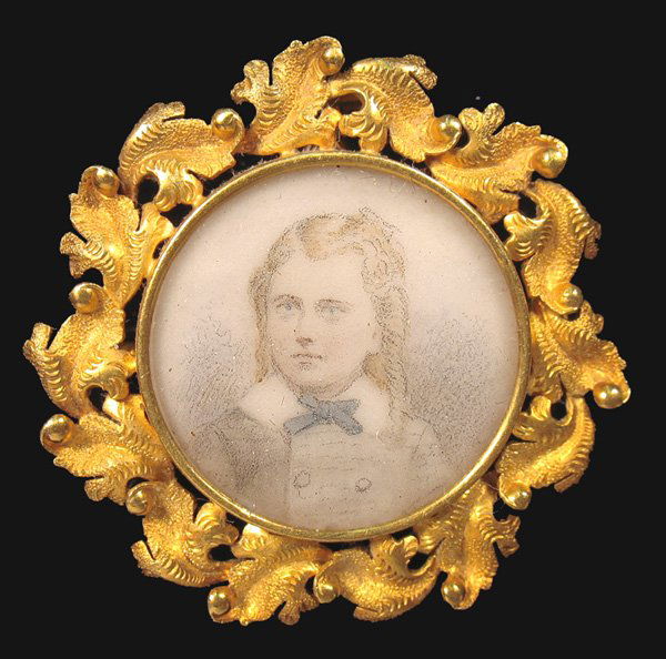 Hand painted miniature portrait of Charles Lang, p: Hand painted miniature portrait of Charles Lang, painted by Thomas Sully, 22k gold frame with fancy leaf motif, can be worn as pin or pendant, pin measures 1 1/4" in diameter, actual portrait is 7/8"