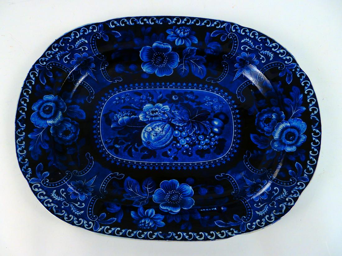 Historic blue Staffordshire platter: Historic blue Staffordshire platter, ca.1825, impressed Stubbs & Kent, Longport on back, 18 1/2" x 15 1/2"
