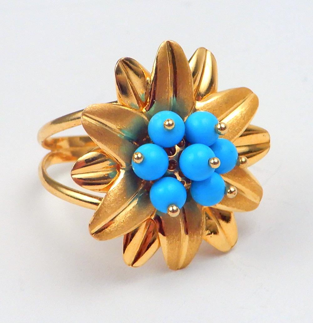 Italian 14k gold turquoise flower ring (1 of 4)