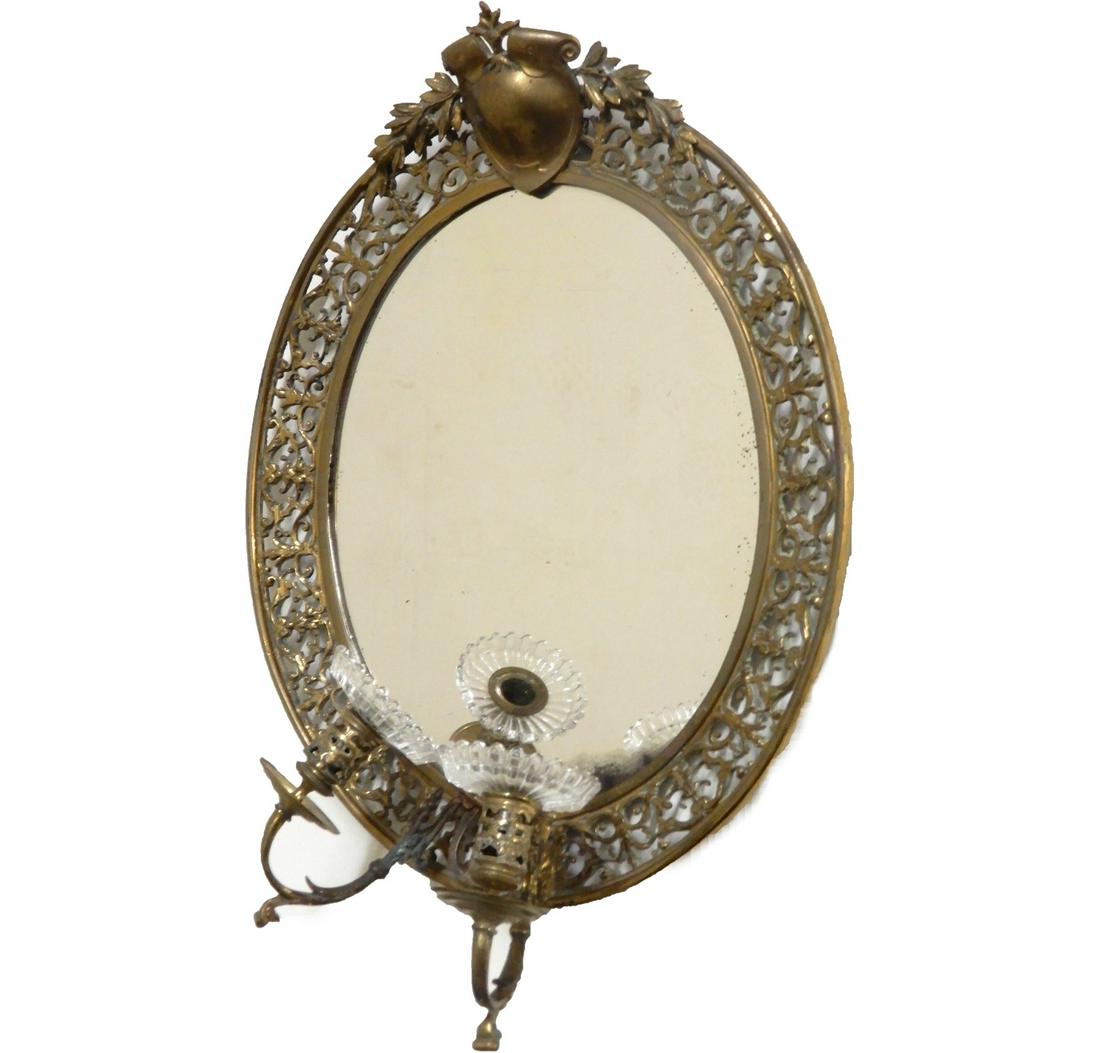 Tiffany bronze framed mirror with attached sconces (1 of 1)