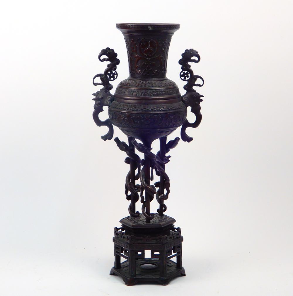 Chinese bronze footed vase on stand (1 of 1)