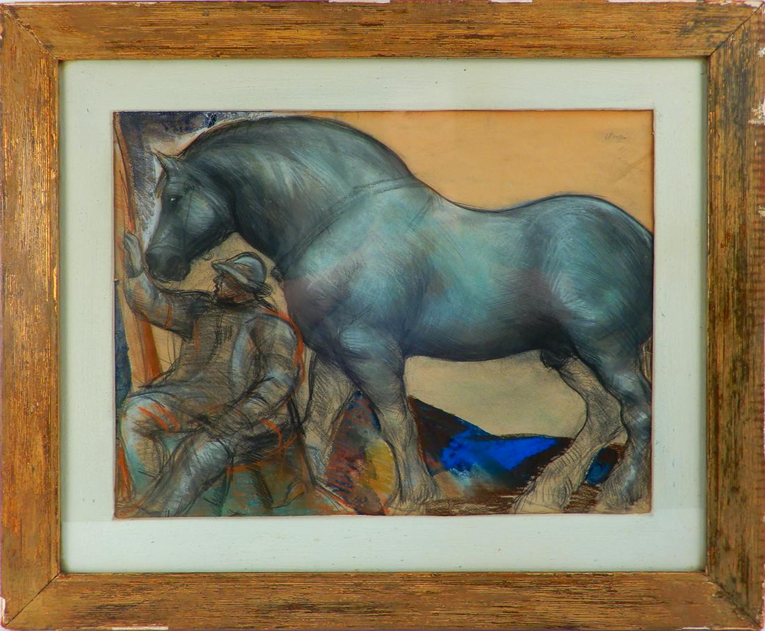 Josef Presser mixed medium on paper: Josef Presser mixed medium on paper, man with horse, signed upper right, 14 1/2" x 19", frame size 22 1/2" x 26 3/4"