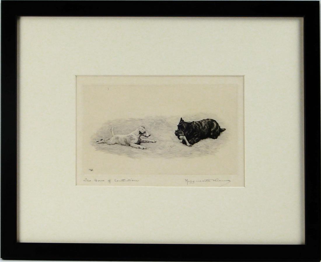 Marguerite Kirmse, two etchings on paper: Marguerite Kirmse, two etchings on paper, (American and British, 1885-1954), "The Bone of Contention" sight size 5 1/4" x 8", frame size 12 1/4" x 15" and "And So To Bed" sight size 9 3/4" x 7 1/2", f