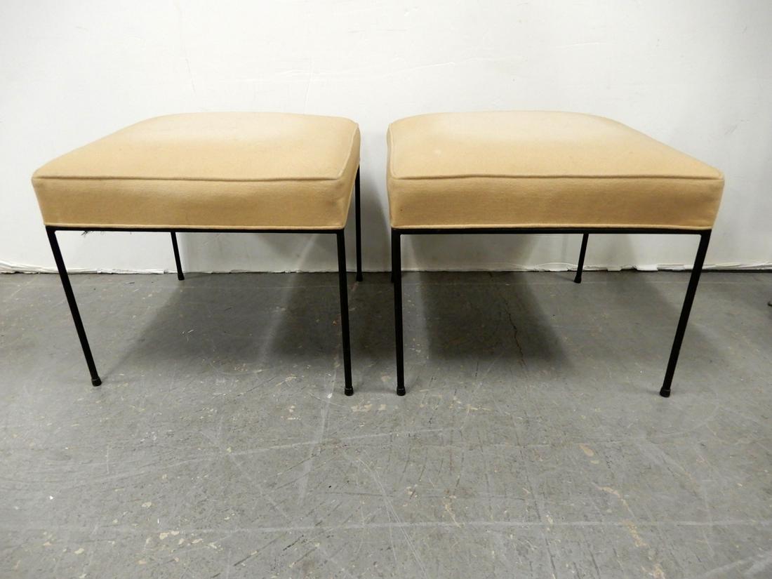 Pair of iron and upholstered benches: Pair of iron and upholstered benches, dimensions for both are 16" (height) x 20" (length) x 20" (width)