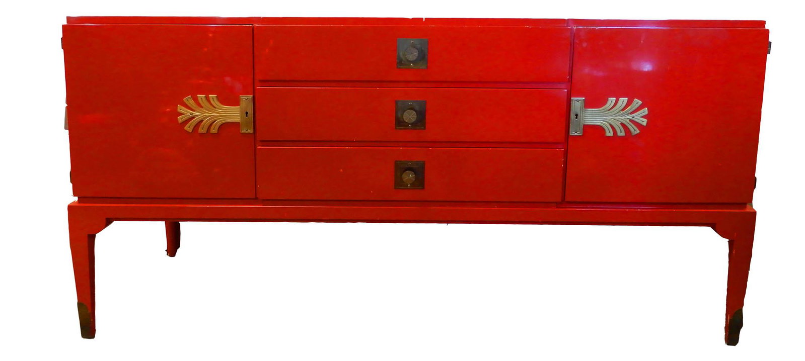 Tommi Parzinger for Parzinger Originals Chinese red: Circa 1950's Tommi Parzinger for Parzinger Originals Chinese red lacquer credenza with brass hardware, marked on inside of top drawer "Parzinger Originals", 33 1/2" (height) x 65 1/2" (length) x 19" (
