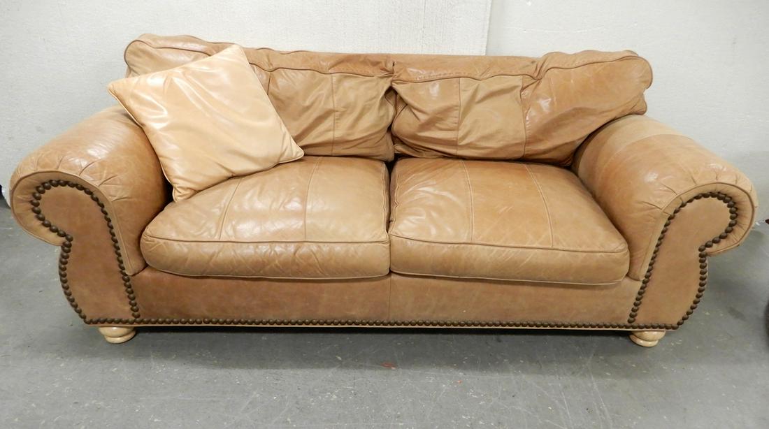 Whitemore-Sherrill Ltd. leather sofa: Contemporary 20th C. Whitemore-Sherrill Ltd. soft leather upholstered sofa with nail head trim, 30" (height) x 77 1/2" (length) x 41" (width)