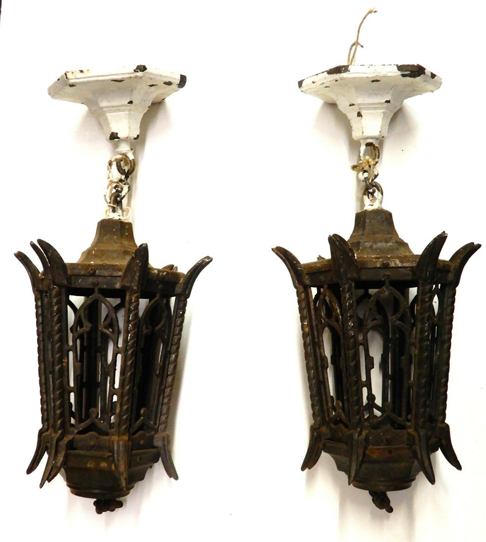 Pr. cast iron and glass panel hanging lanterns (1 of 1)