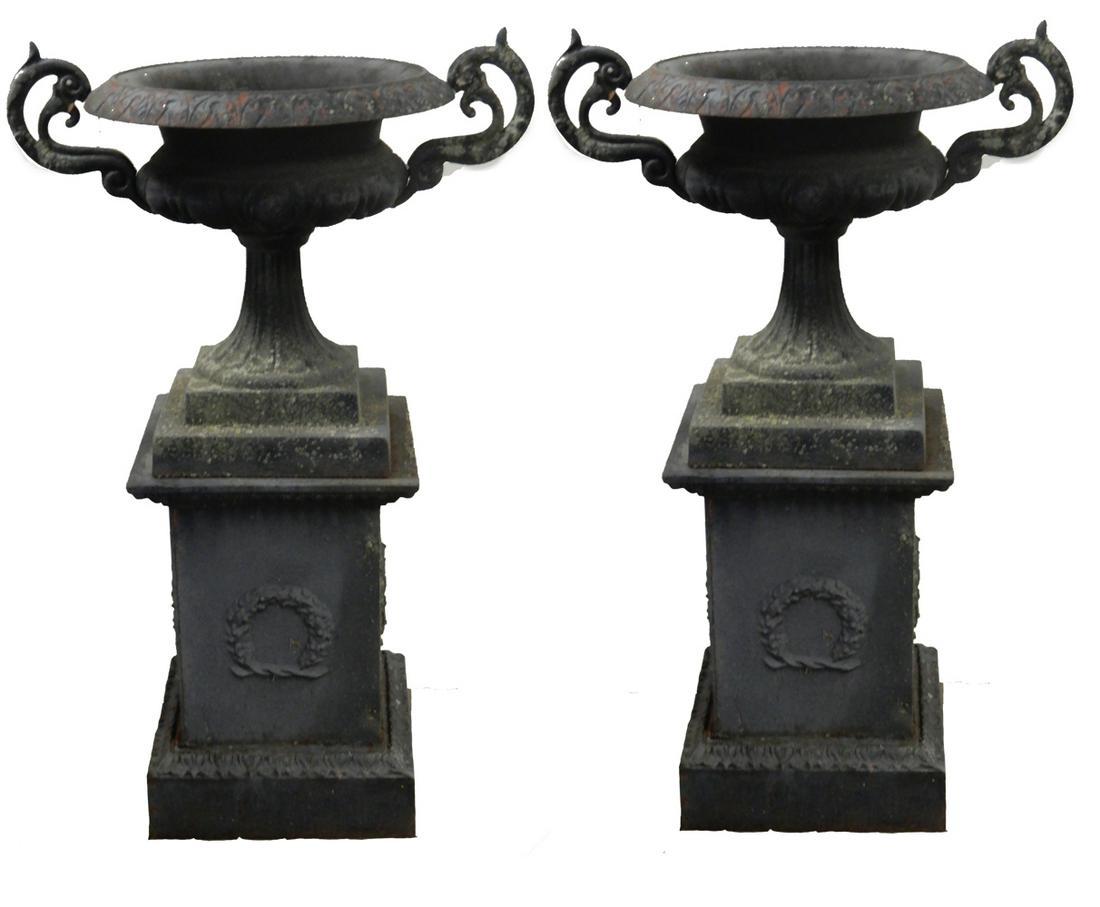 Pair of classical style cast iron urns on stands (1 of 1)