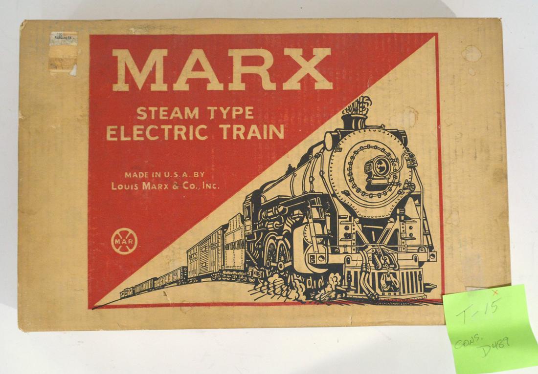 Marx #4205 Steam Type electric train set in original: Marx #4205 Steam Type electric train set in original box (0-27 gauge). Set consists of a black plastic 0-4-0 steam engine #490, a black plastic 4 wheel tender marked Penn Central, an Erie 4 wheel flat