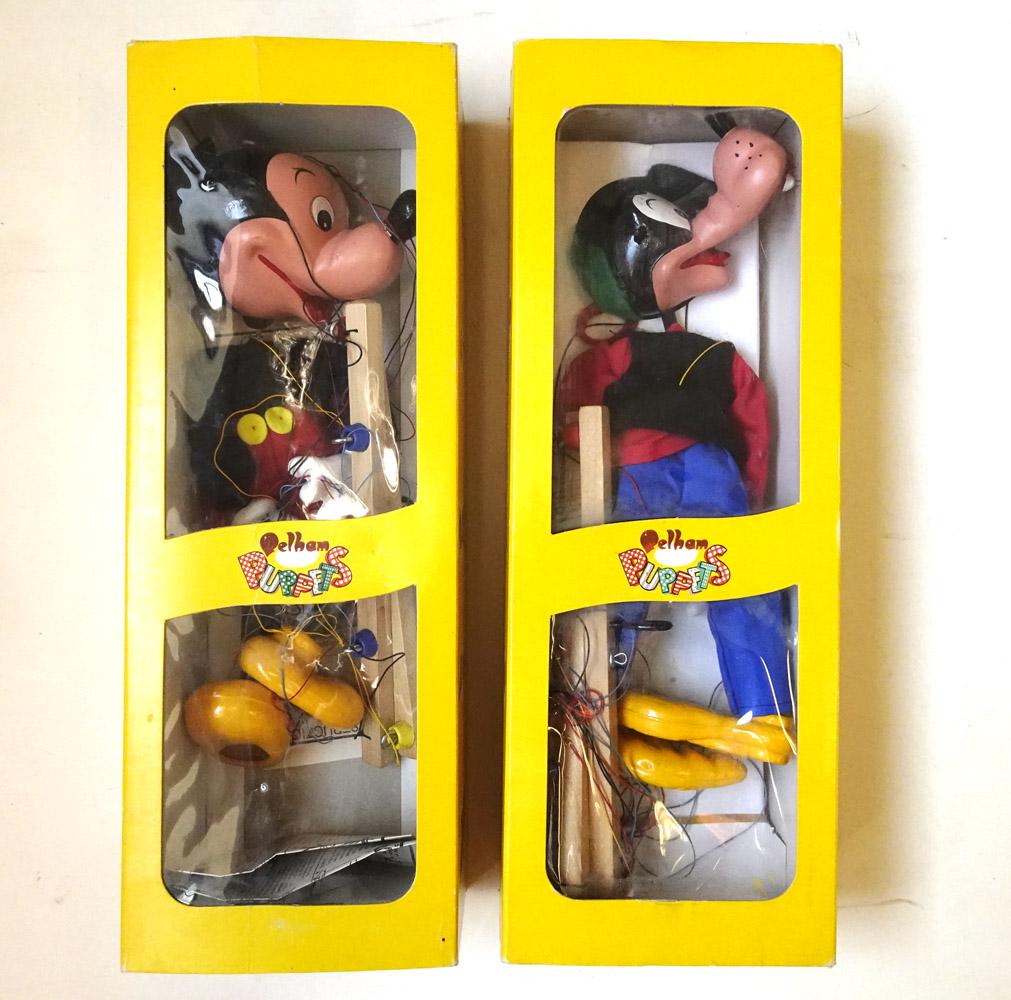 Two 1960's Disney Marionettes by Pelham Puppets of: Two 1960's Disney Marionettes by Pelham Puppets of England in original boxes. The marionettes are Mickey Mouse and Goofy. Both come in original boxes with instructions. Original boxes are in excellent