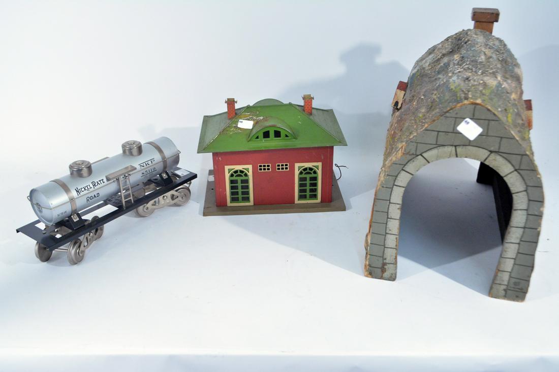 A lot of pre WWII trains and accessories and a 1984: A lot of pre WWII trains and accessories and a 1984 McCoy Standard gauge TCA Nickel Plate RR tank car. Lot consists of a well made craftsman train tunnel for standard gauge trains, a Lionel pre-war # 