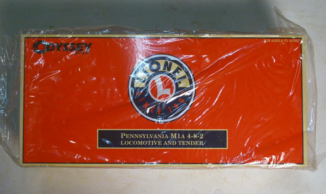 2000's Lionel # 6-38056 "O" gauge PRR M1A 4-8-2 Steam: 2000's Lionel # 6-38056 "O" gauge PRR M1A 4-8-2 Steam locomotive and tender with original box and original shipping box. Features are Command control, Railsounds, Odyssey speed control, wireless tethe