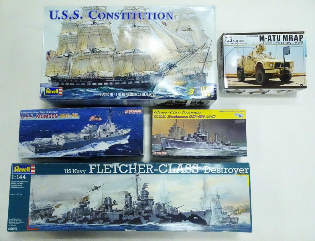Five plastic unbuilt models from the 2000's. Four ship: Five plastic unbuilt models from the 2000's. Four ship models and a MRAP military vehicle all in original boxes. All parts to these models are still in their bags. The first is the 196 scale USS Const